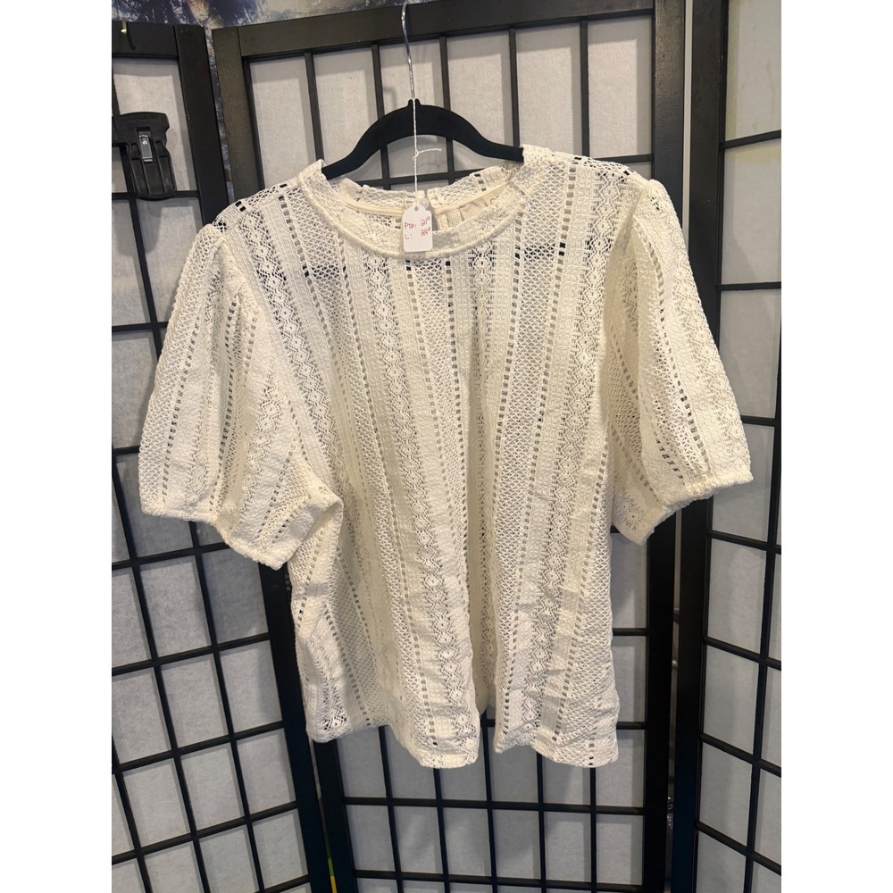 LOFT Crochet Lace Top Women's XL Ivory Short Puff Sleeve Keyhole Back Boho NWT